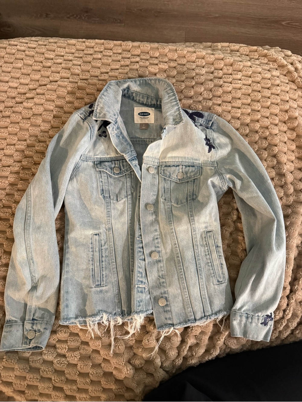Old Navy Light Blue Distressed Denim Jacket with Navy Embroidery
